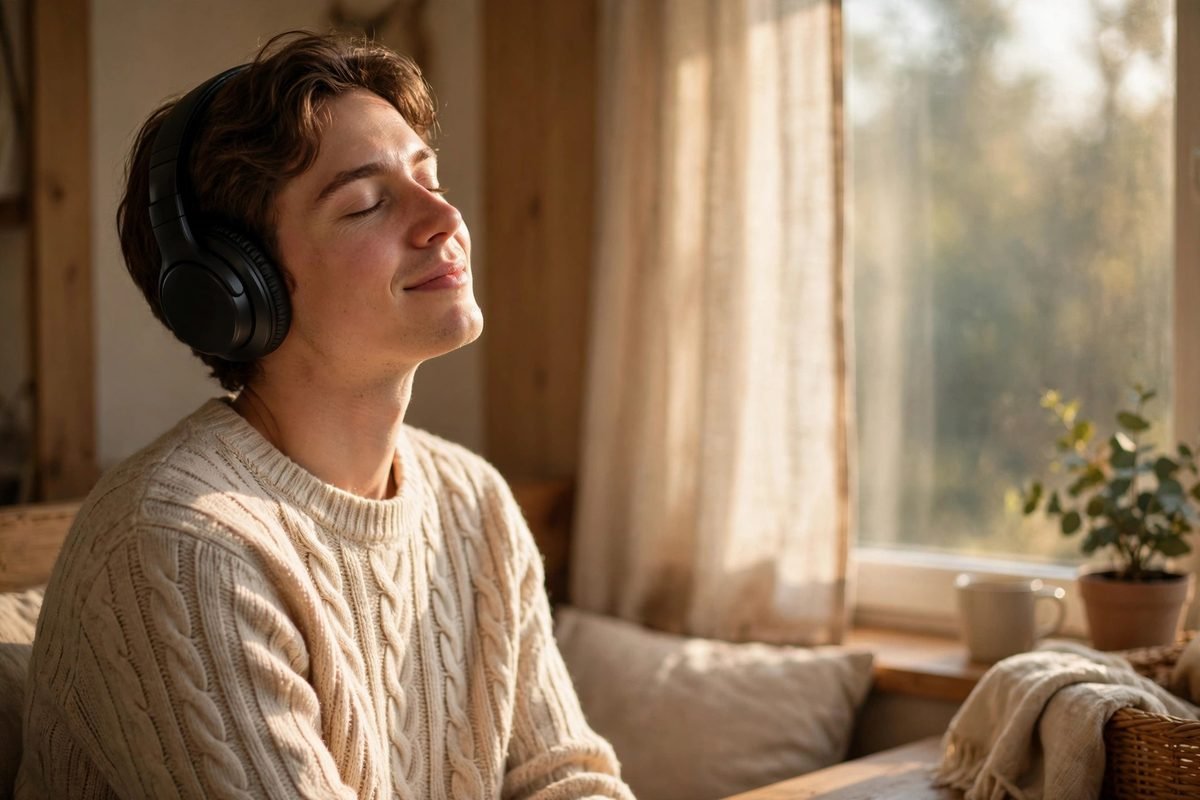 Person wearing headphones, relaxing in a sunlit room while listening to The Genius Wave audio