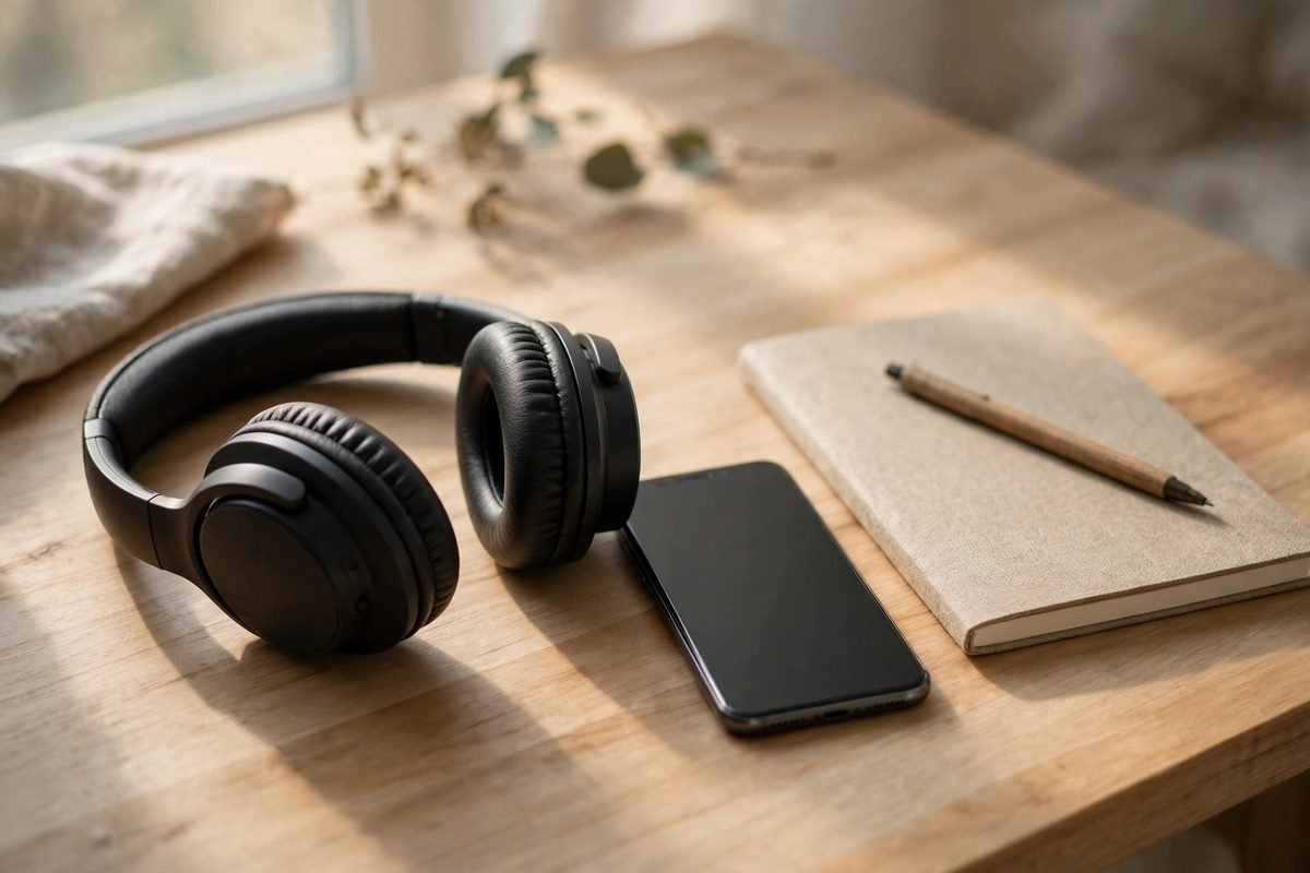 Headphones, smartphone, and journal arranged on a desk for a Genius Wave listening session