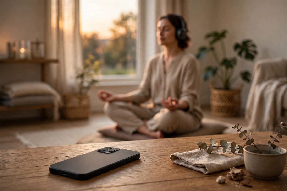 Phone placed face-down on a table while a person relaxes with headphones, free from distractions