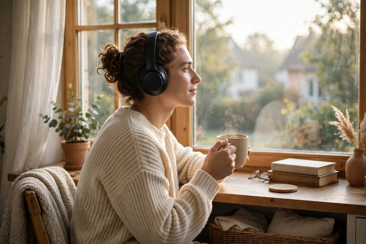 Person listening with headphones at a sunlit window in the early morning