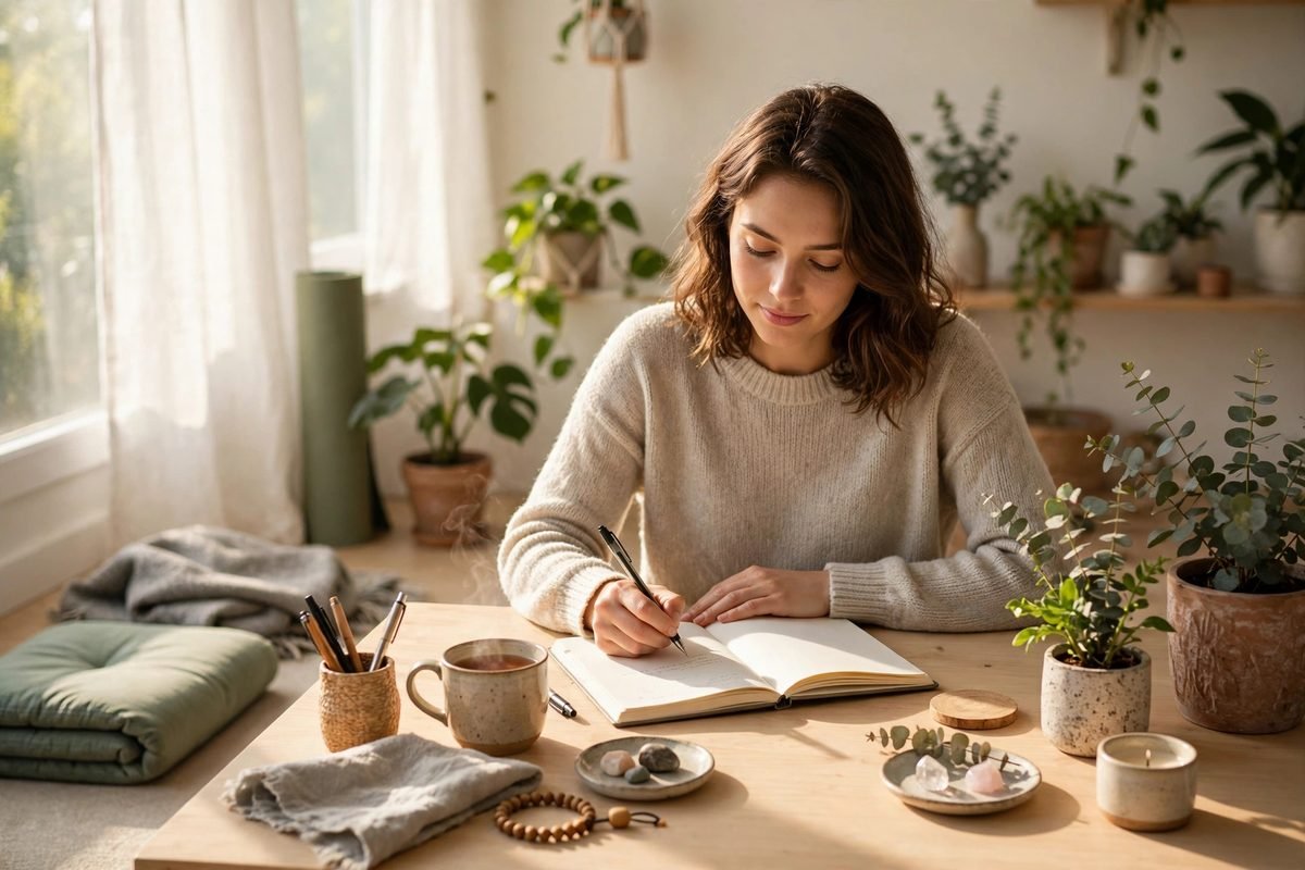 Person journaling at a bright desk after a morning listening session