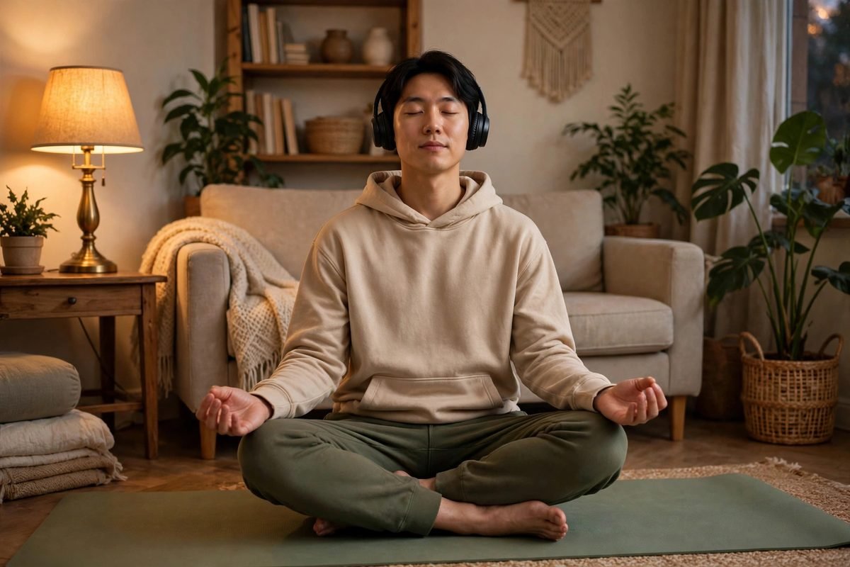 Person sitting calmly with headphones during a daily Genius Wave routine
