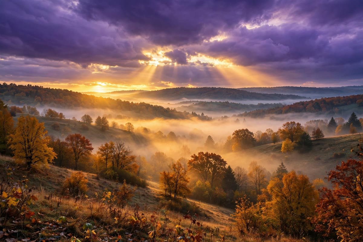 Sunrise over misty autumn hills — continuing your practice after Halloween