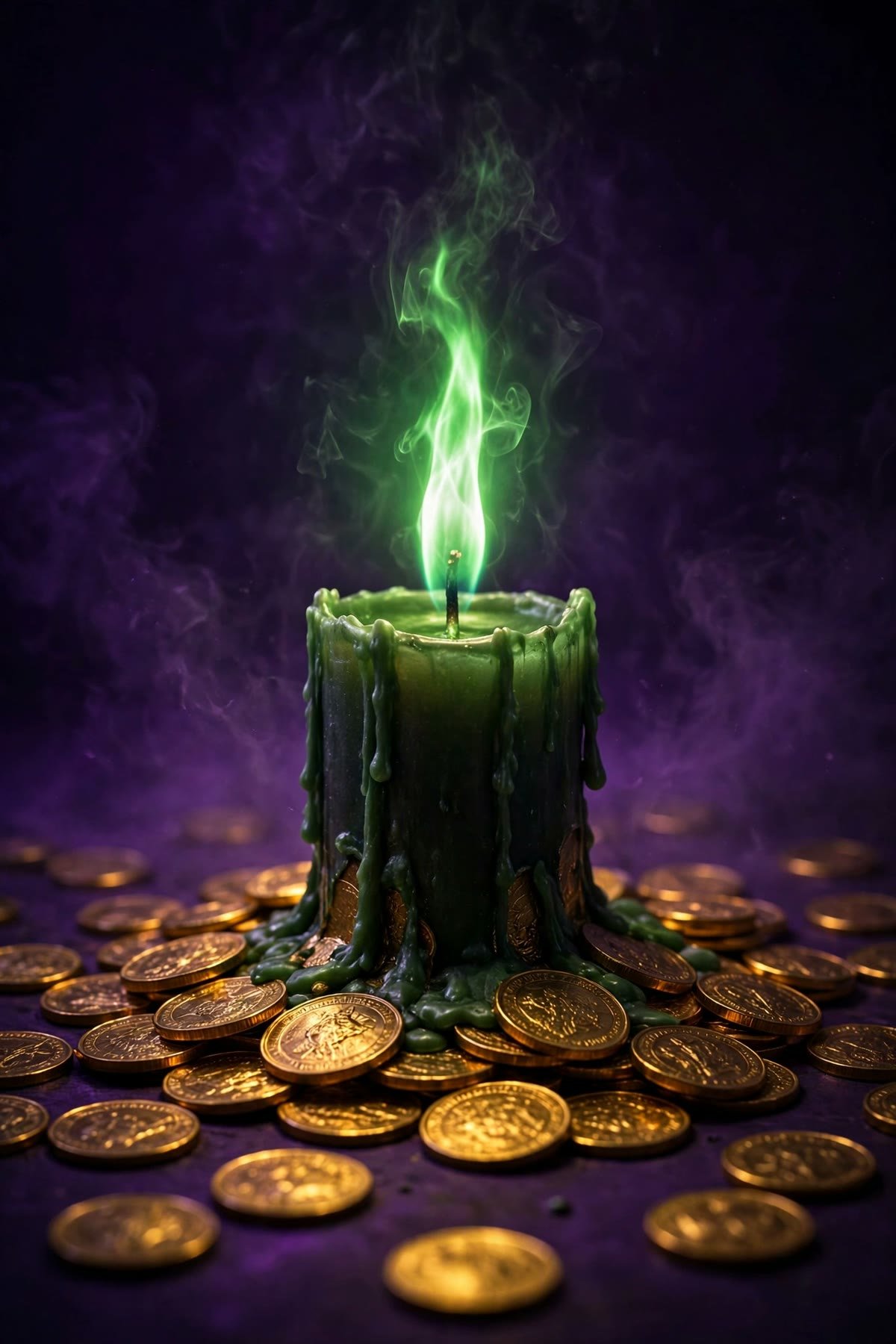 Lit green candle with glowing coins — does the ritual actually work