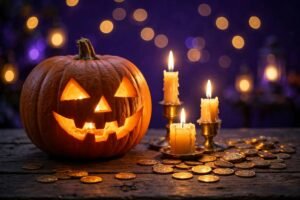 Glowing jack-o'-lantern with candles and gold coins — Halloween money manifestation ritual