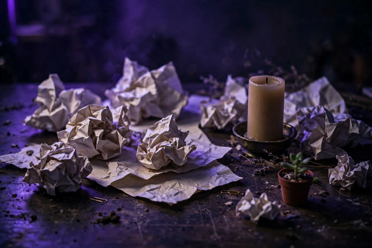 Messy desk with unlit candle — common ritual mistakes to avoid
