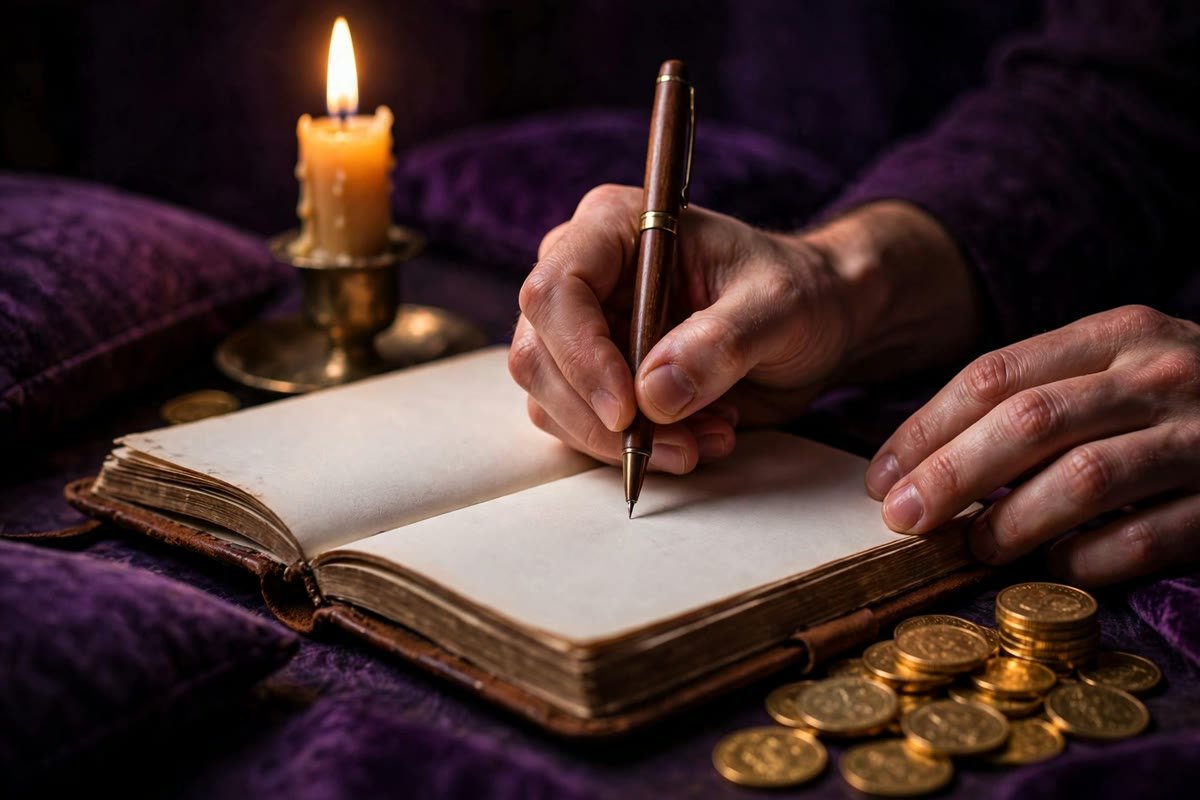 Hands writing a money goal in a journal by candlelight