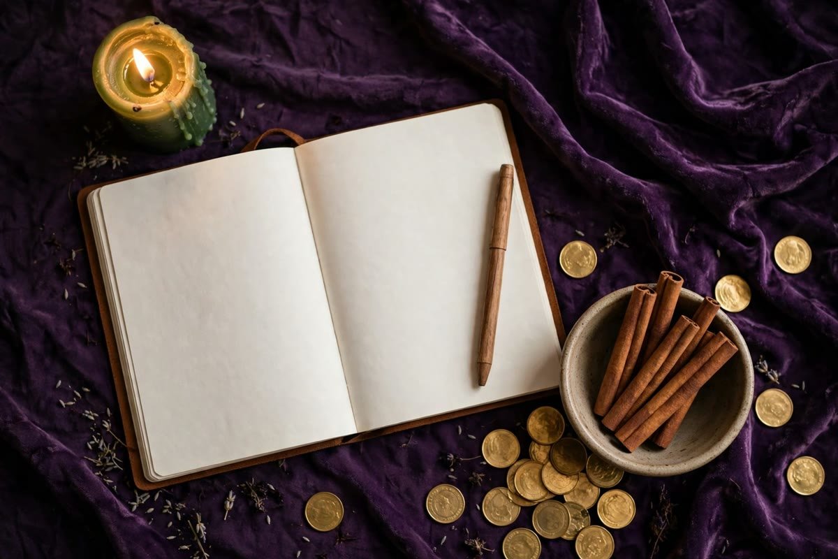 Ritual supplies on dark purple cloth: green candle, journal, cinnamon, and coins