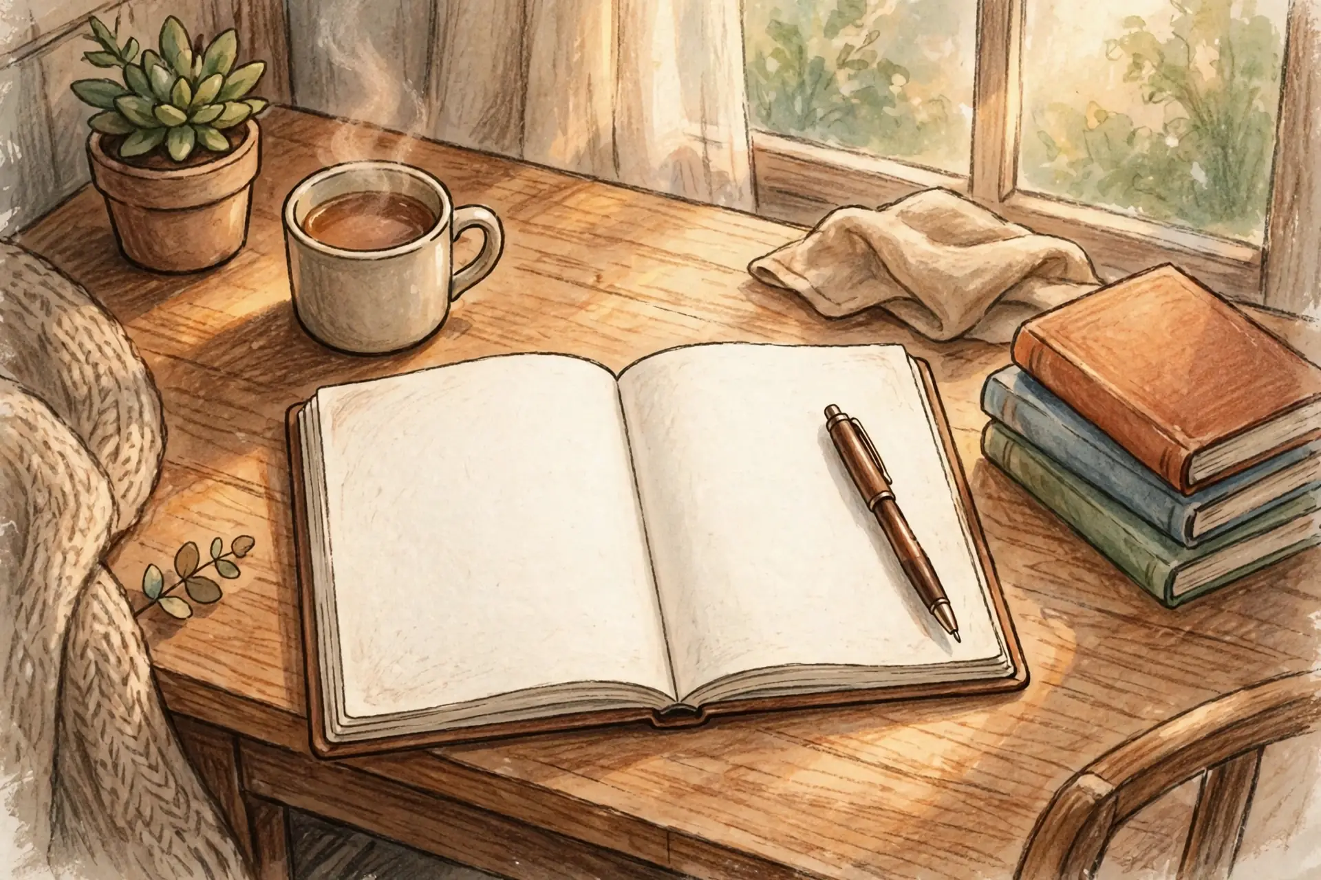 Open blank journal with a pen on a cozy desk in warm morning light