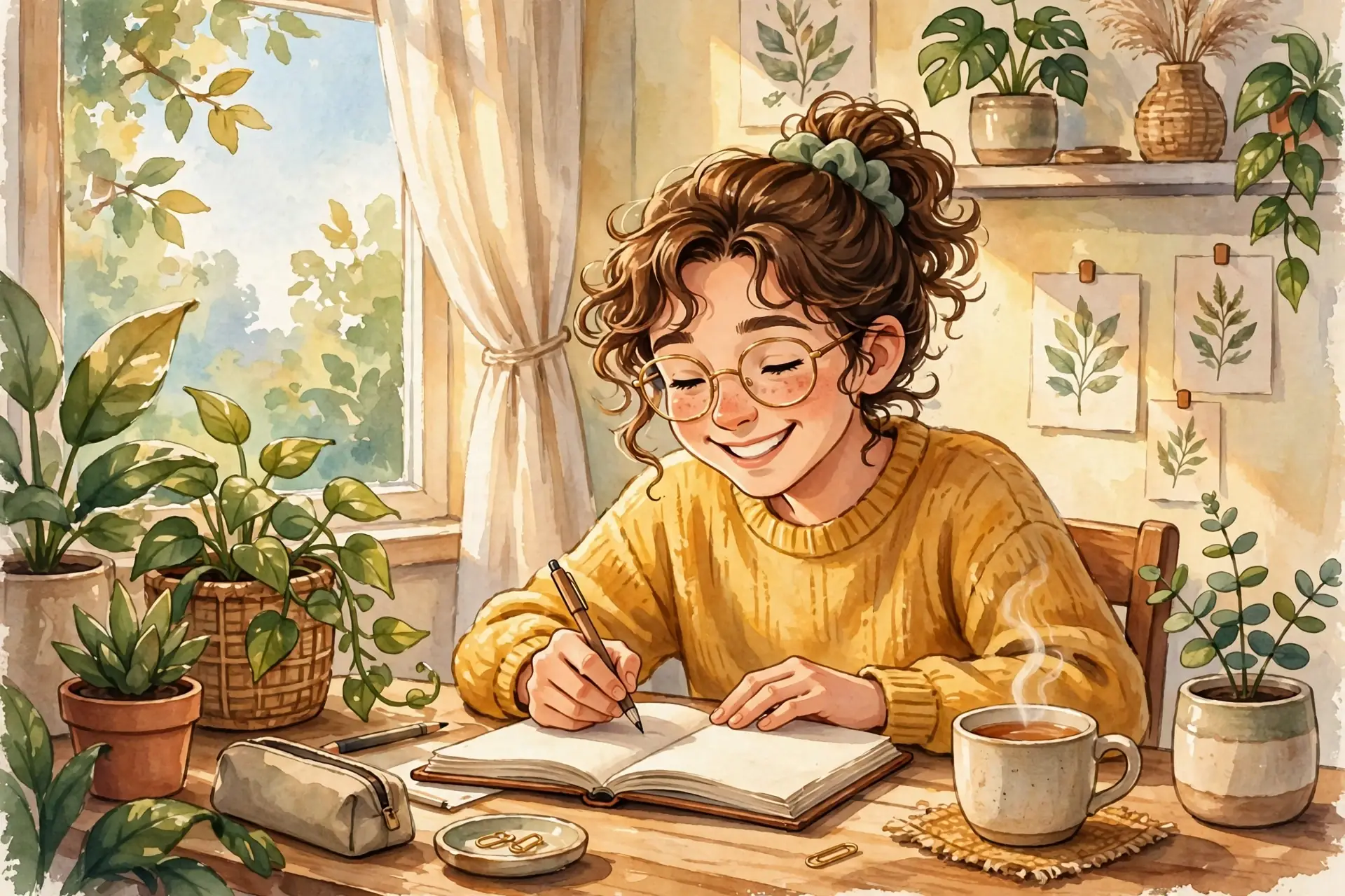 Happy person writing in a journal at a sunny desk