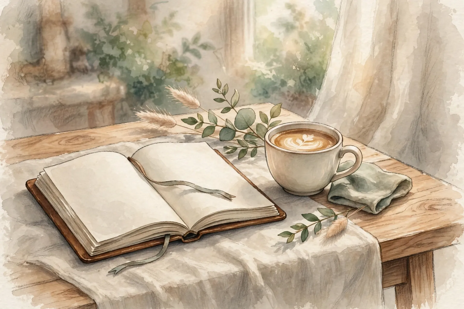 Journal and coffee on a table in soft morning light