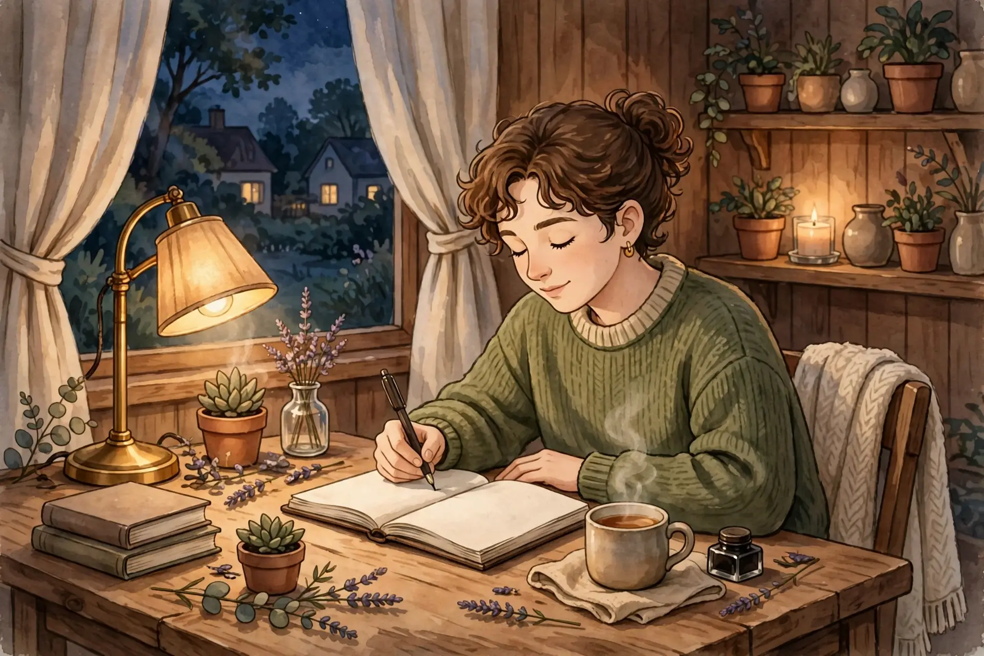 Person journaling peacefully in the evening by lamplight