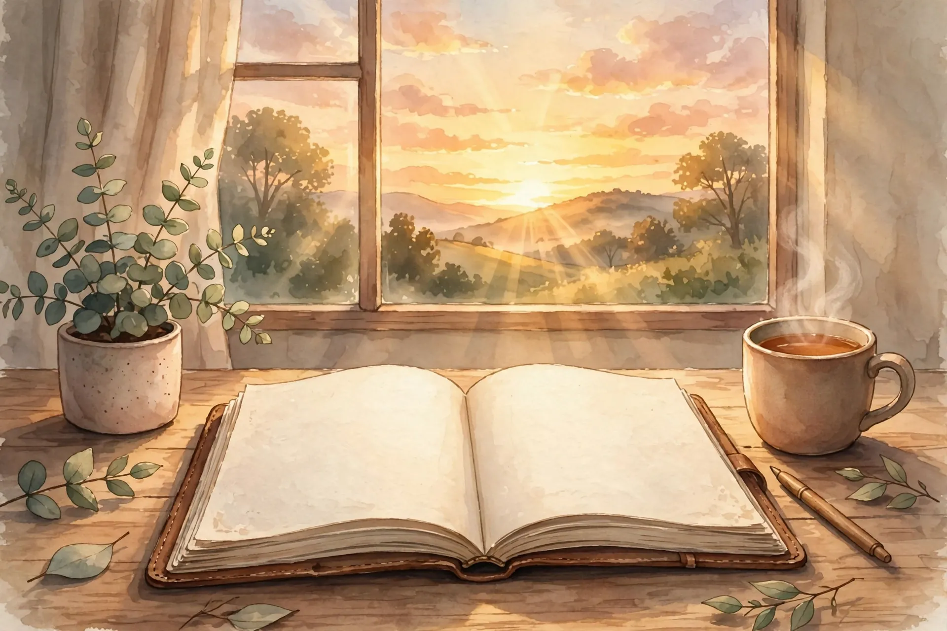 Sunrise over an open journal on a desk