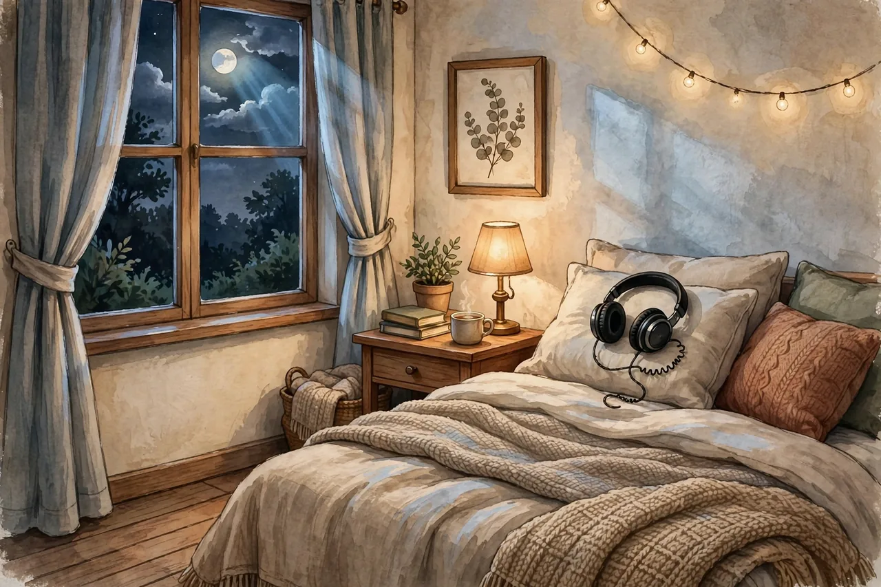 Headphones on a pillow in a calm moonlit bedroom