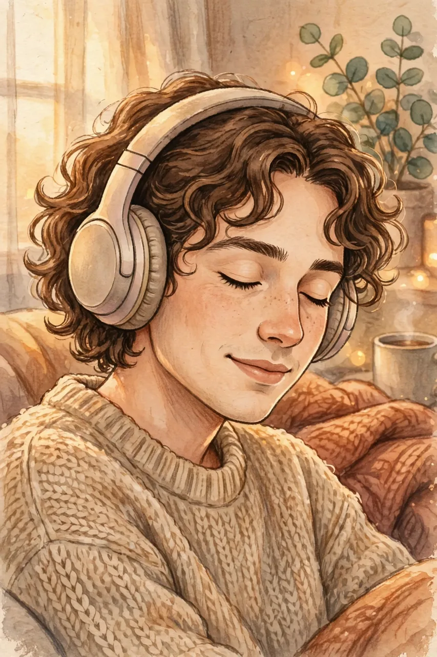 Person relaxing with eyes closed while listening to calming audio