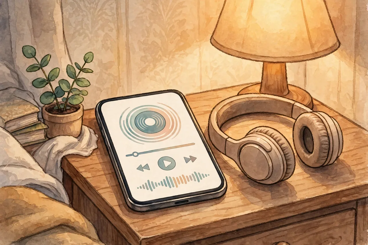 Phone playing a 7-minute audio track on a nightstand next to headphones