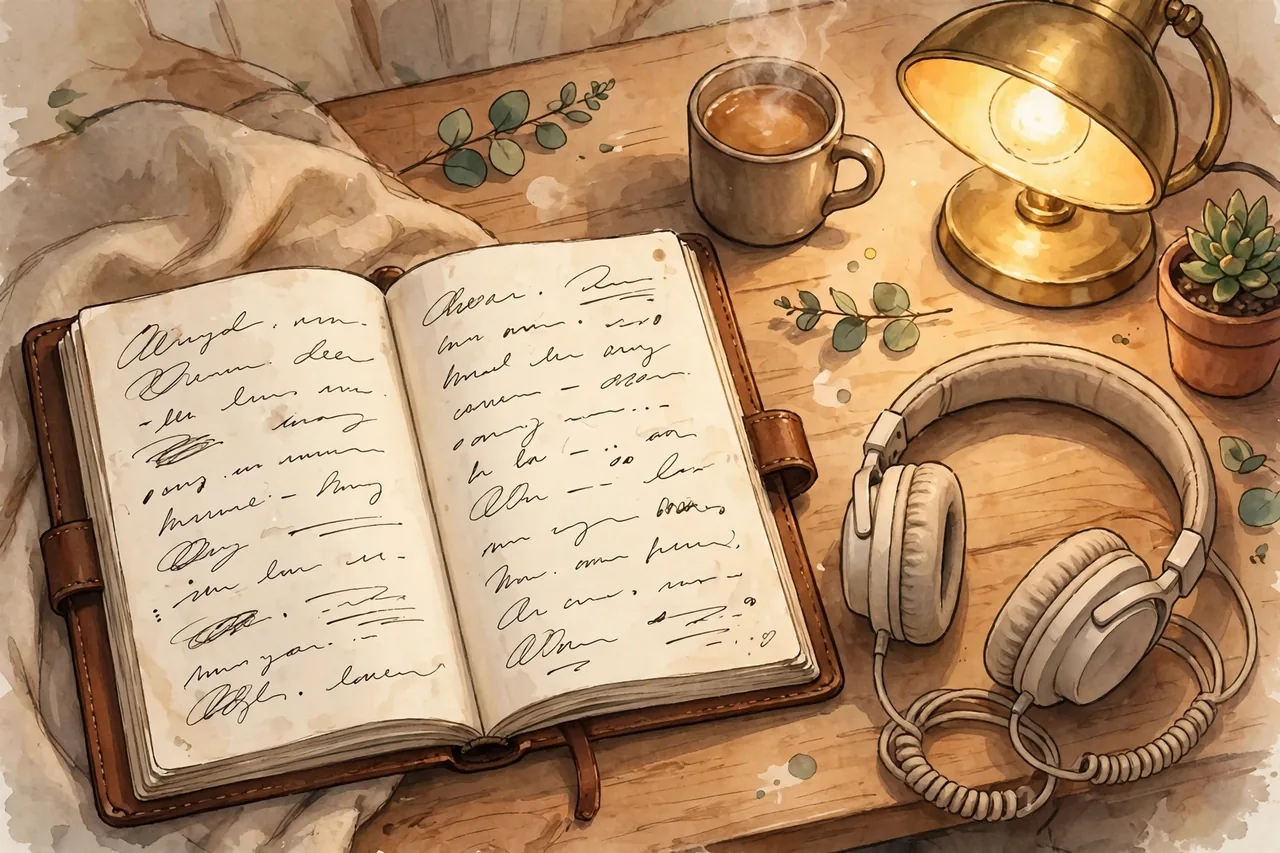 Journal with a handwritten goal beside headphones in warm light