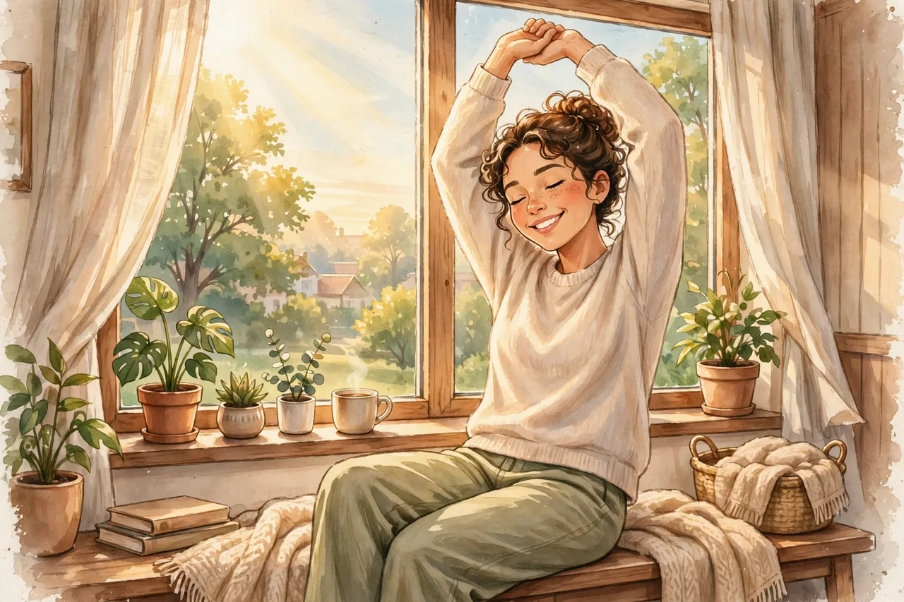 Person stretching by a sunny window after restful sleep