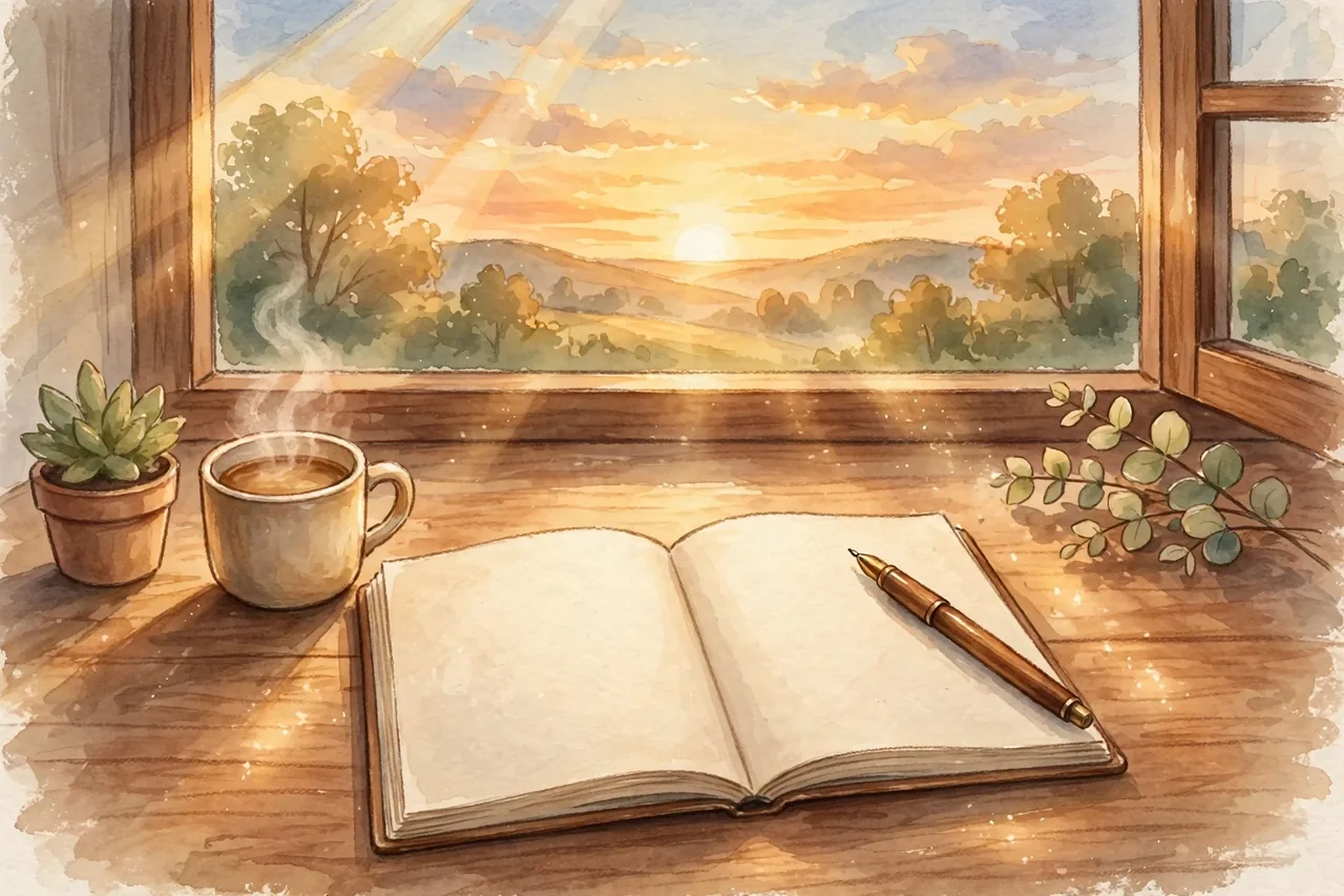 Sunrise over a desk with a notebook showing a completed money goal