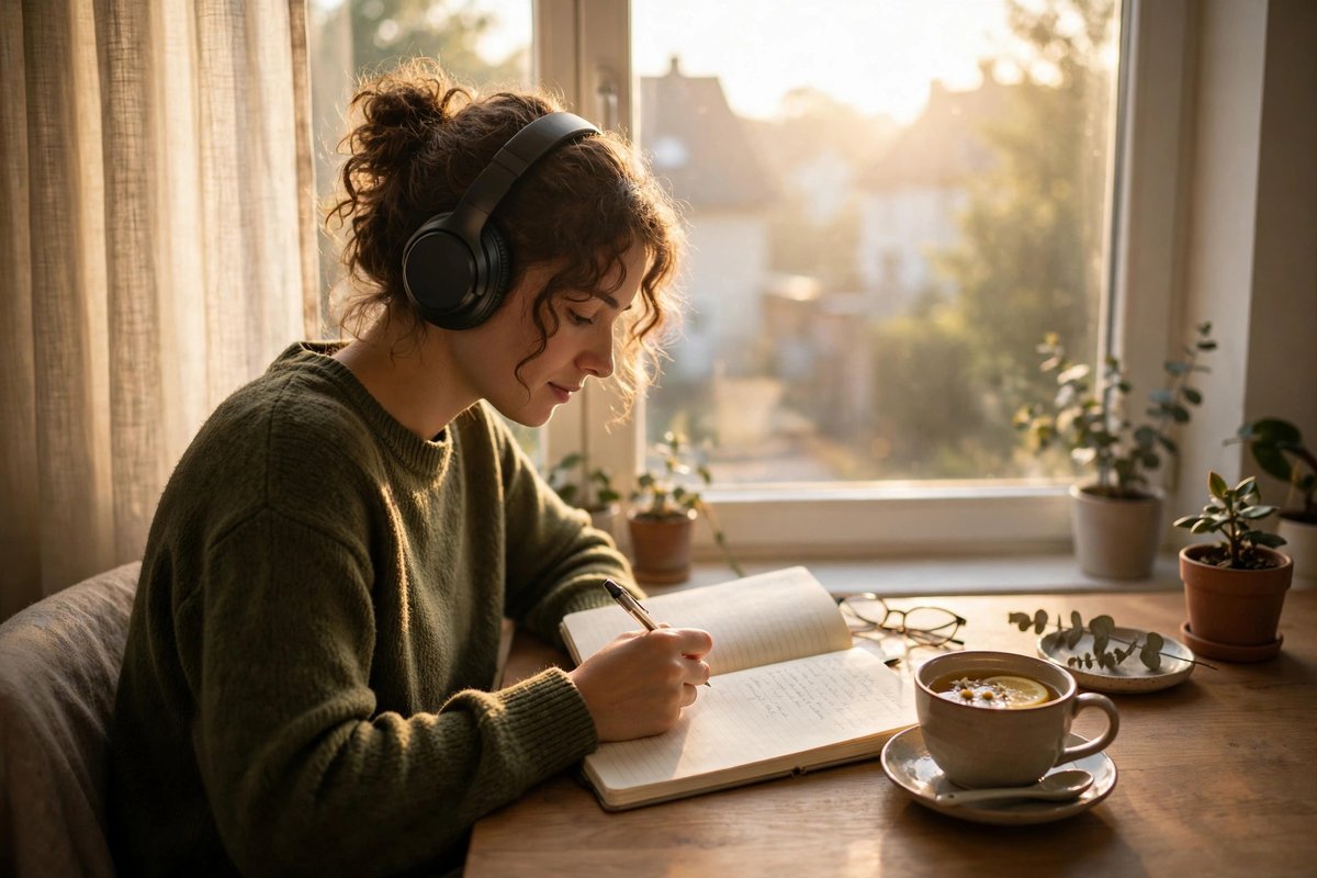 Woman listening to audio with headphones by a sunny window while journaling