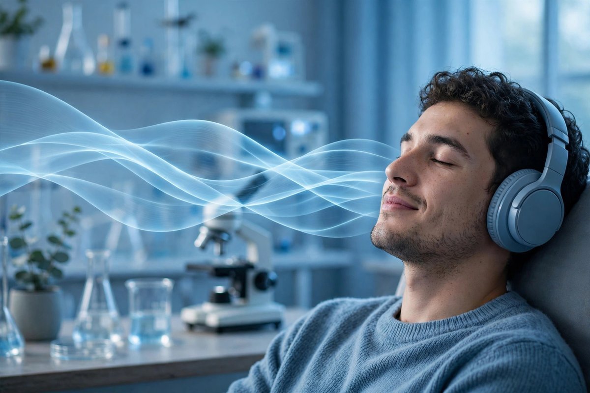 Gentle sound waves flowing toward a relaxed person wearing headphones