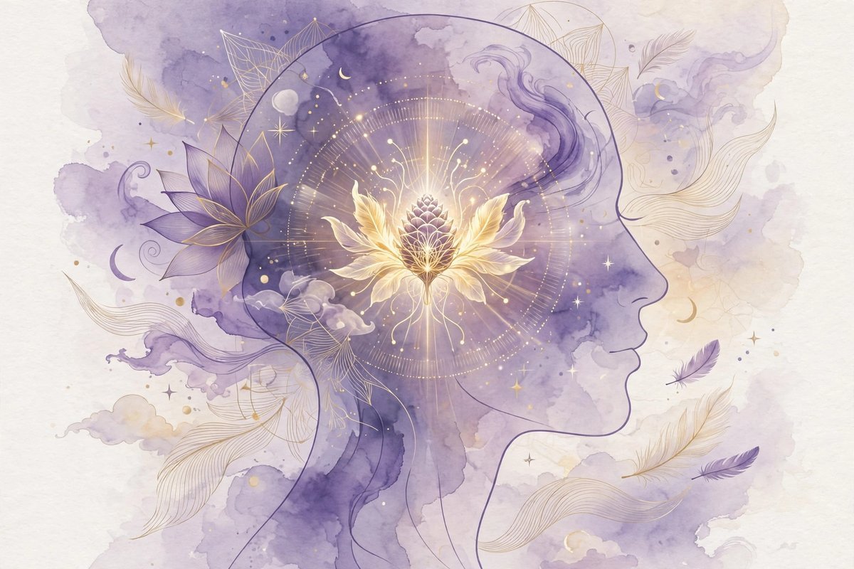 Calm abstract image of a glowing pineal gland symbol in soft purple and gold tones