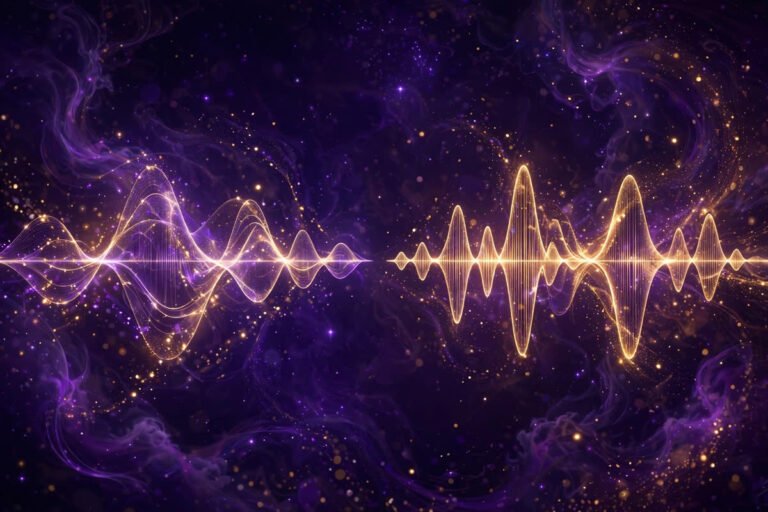 Two glowing golden soundwave tracks floating side by side in purple cosmic space