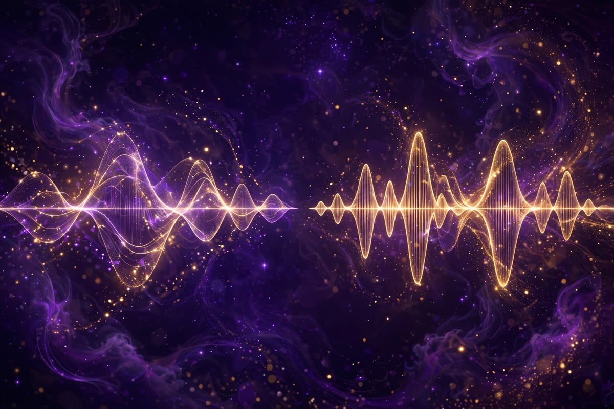 Two glowing golden soundwave tracks floating side by side in purple cosmic space — The Last Wish vs The Genius Wave comparison