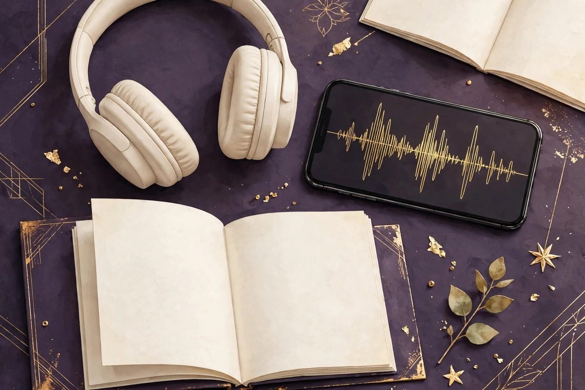 Flat lay of headphones, a phone with an audio player, and guide pages showing what is inside The Last Wish