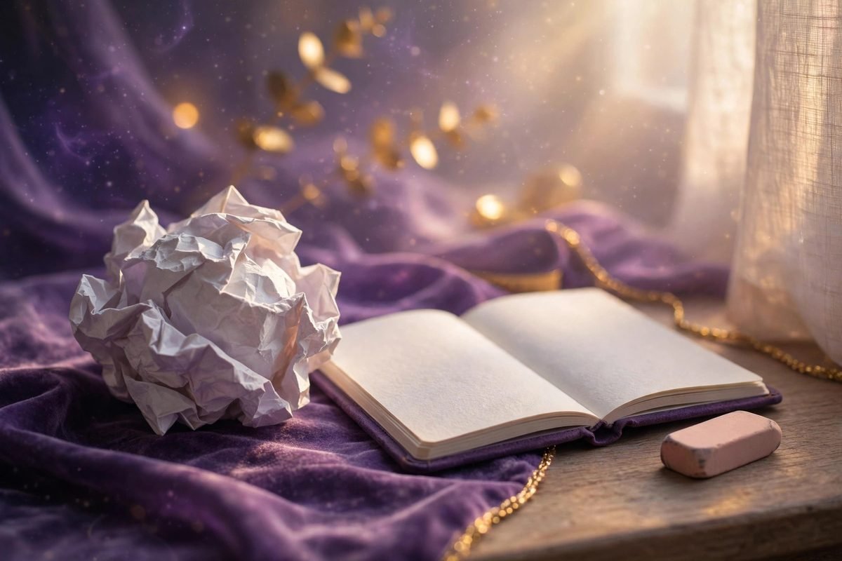 A crumpled paper ball beside a notebook, symbolizing a small beginner mistake