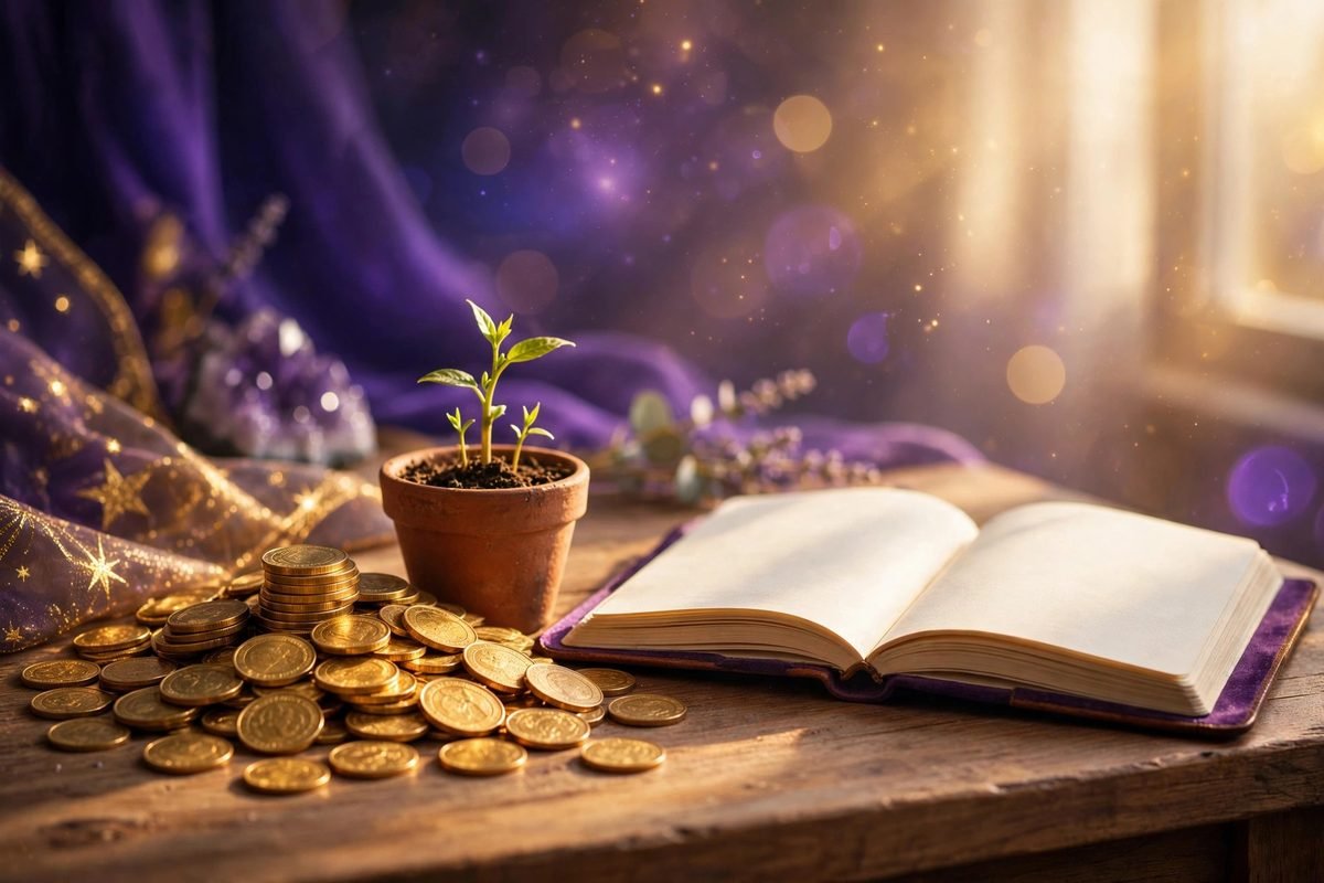Golden coins and a sprouting plant beside a journal, symbolizing growing wealth