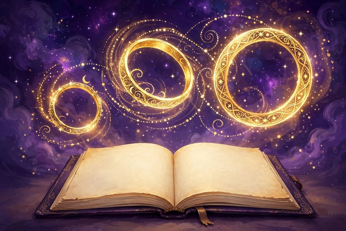 Three glowing golden rings floating above a journal, symbolizing the 3-6-9 pattern