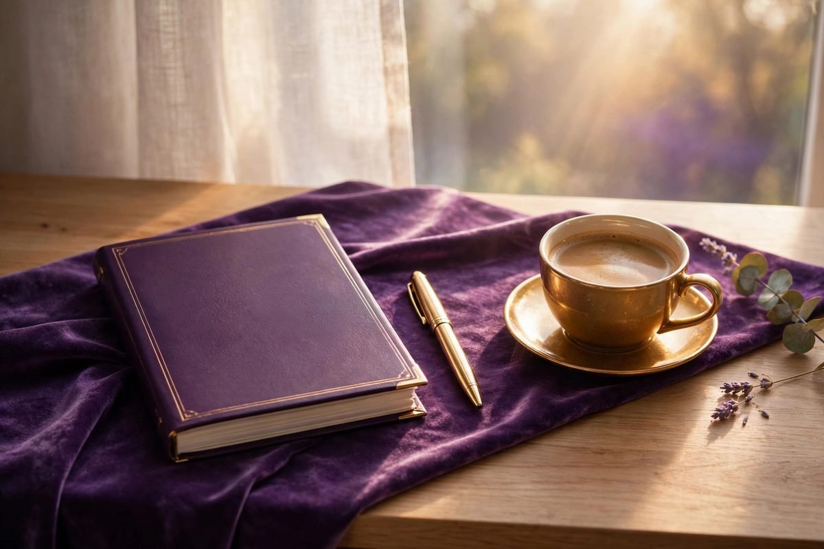 A tidy morning desk with a journal, pen, and coffee ready for the 369 method