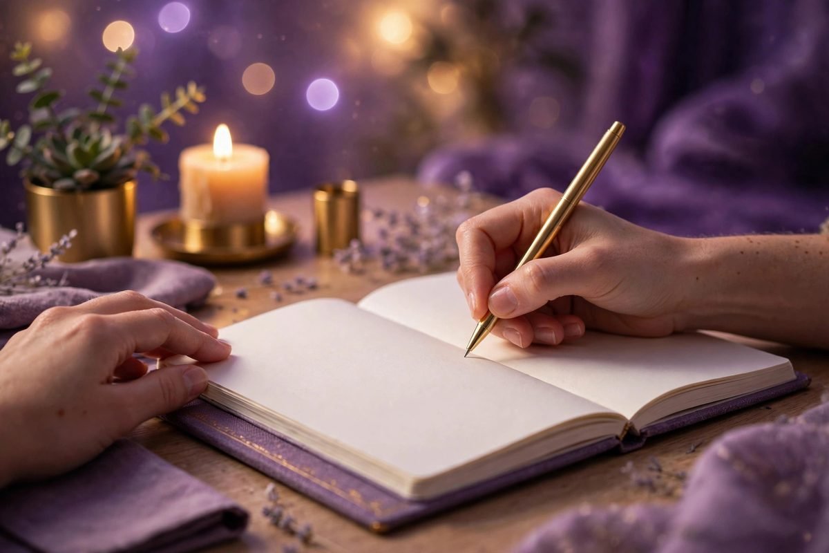Hands writing an affirmation in a notebook for the 369 manifestation method