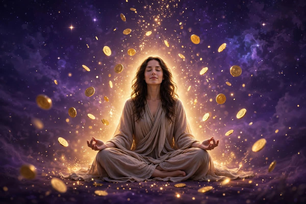 Woman meditating in golden light with coins floating upward — removing money blocks for wealth manifestation