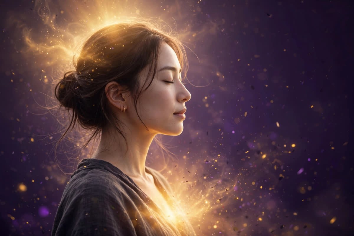 Peaceful woman meditating with golden aura — calming the nervous system to release money blocks