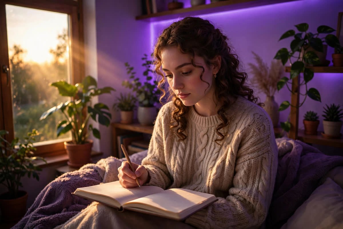 Woman journaling in a cozy purple-lit room to spot signs of money blocks