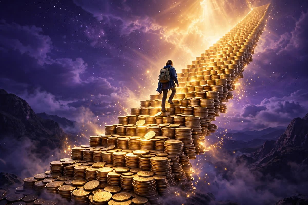 Golden staircase of coins rising into bright light — the 7 steps to remove money blocks