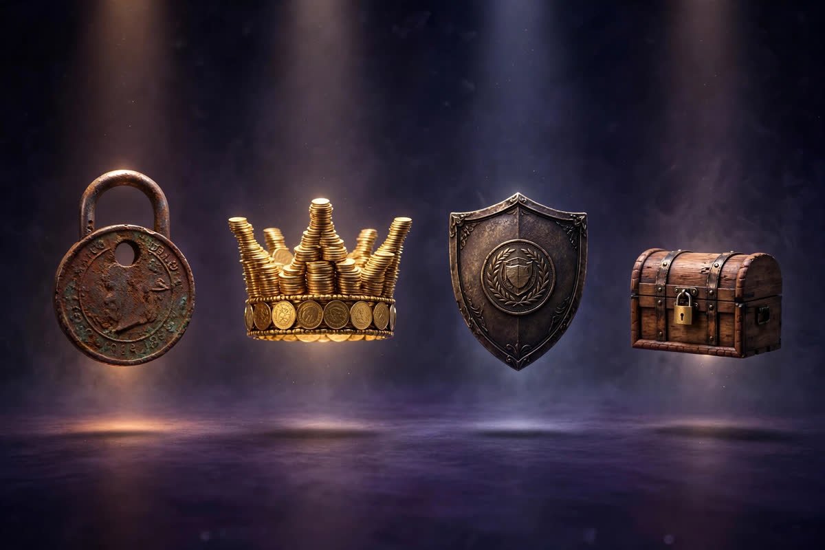 Four glowing money block symbols — locked coin, golden crown, shield, and treasure chest