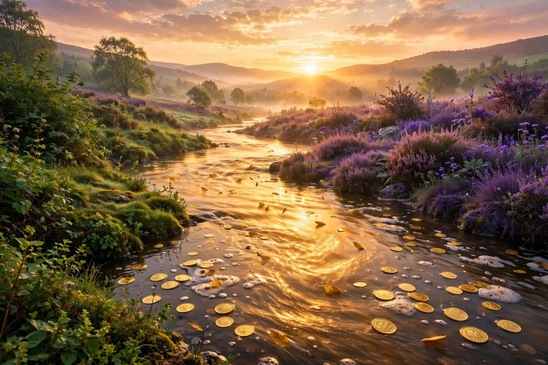 Sunrise over a river of golden light with floating coins — abundance after clearing money blocks