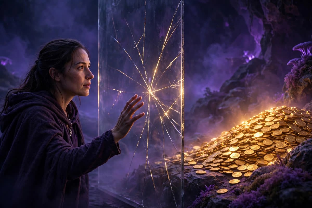 Invisible glass wall with cracks between a person and glowing golden coins — what money blocks are