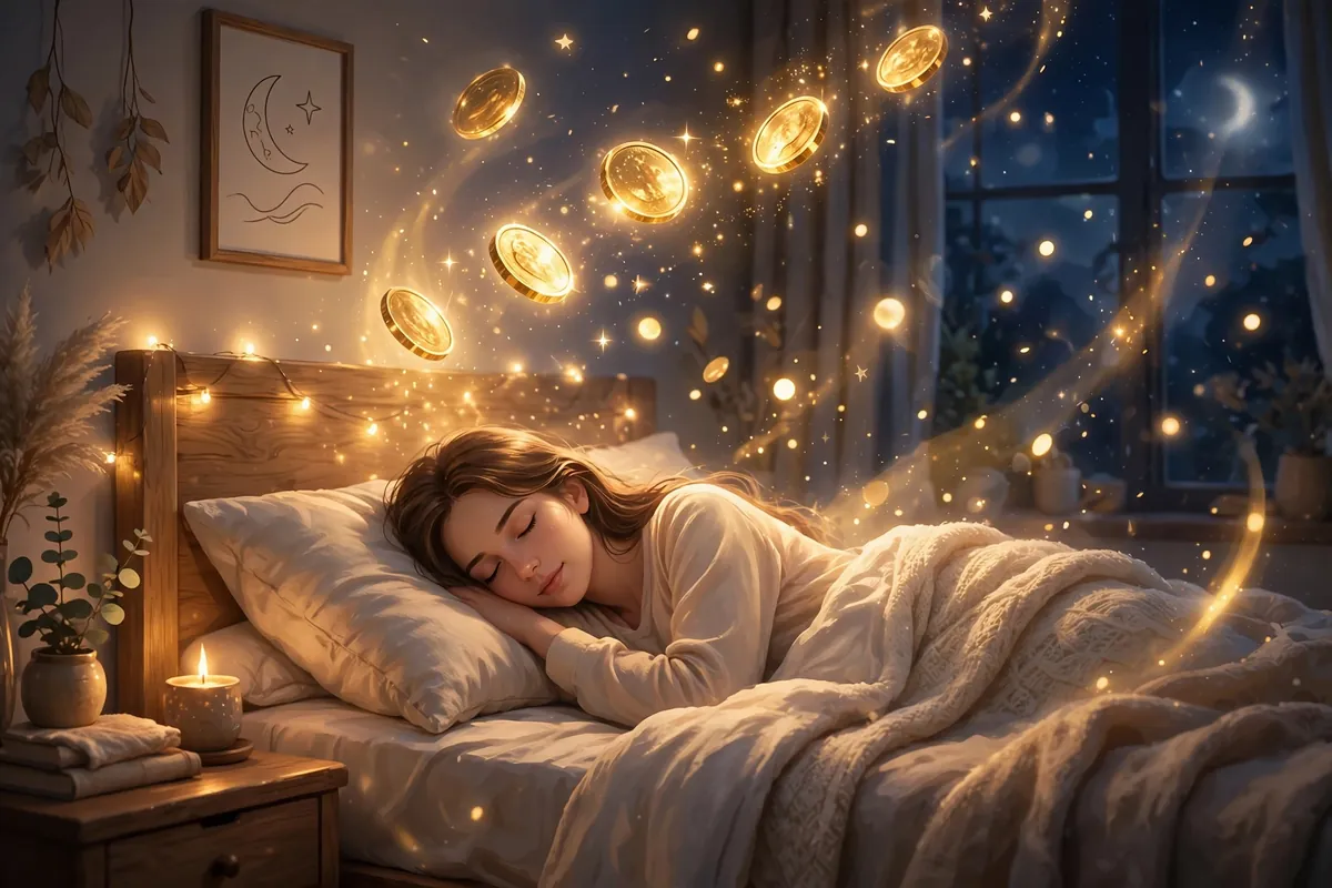 Peaceful bedroom at night with glowing coins floating above the bed