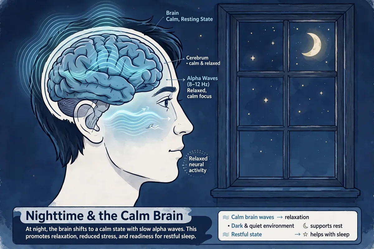 Illustration of a calm brain with glowing waves at night