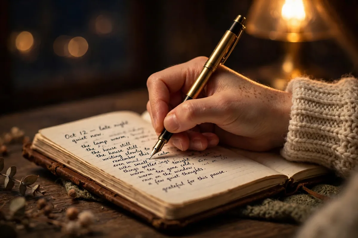 Hand writing in a journal by warm lamplight