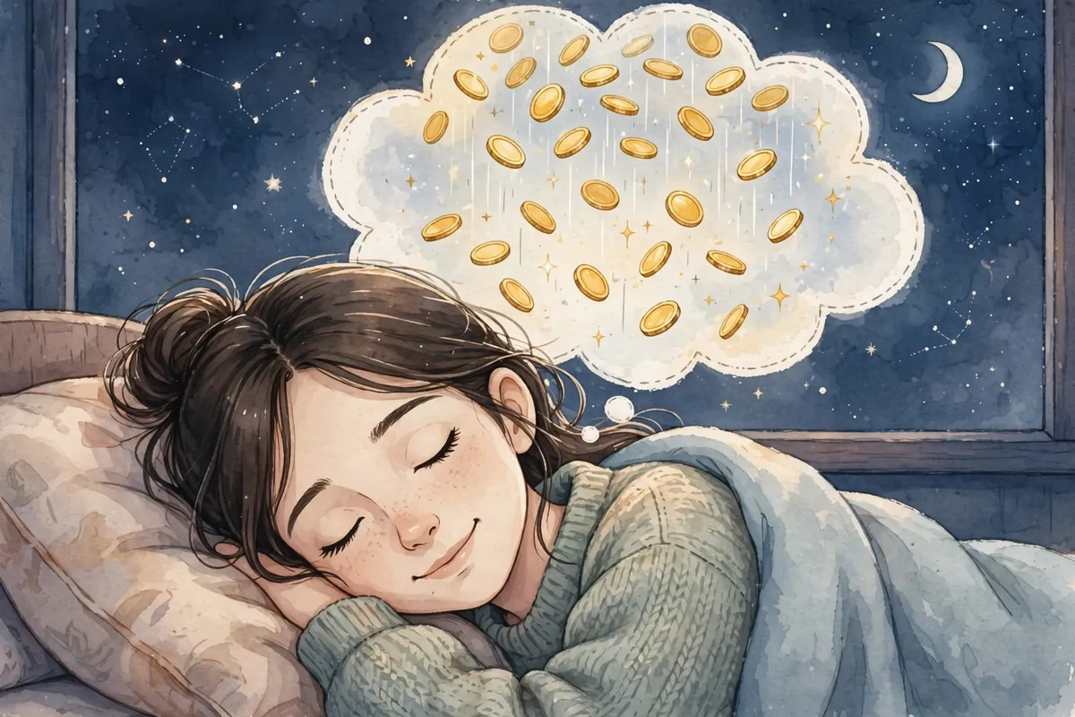 Person sleeping peacefully dreaming of golden coins