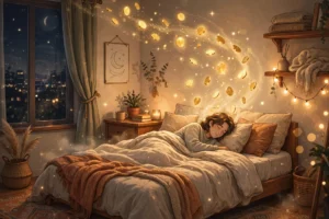 Person sleeping peacefully at night with glowing golden coins floating above the bed