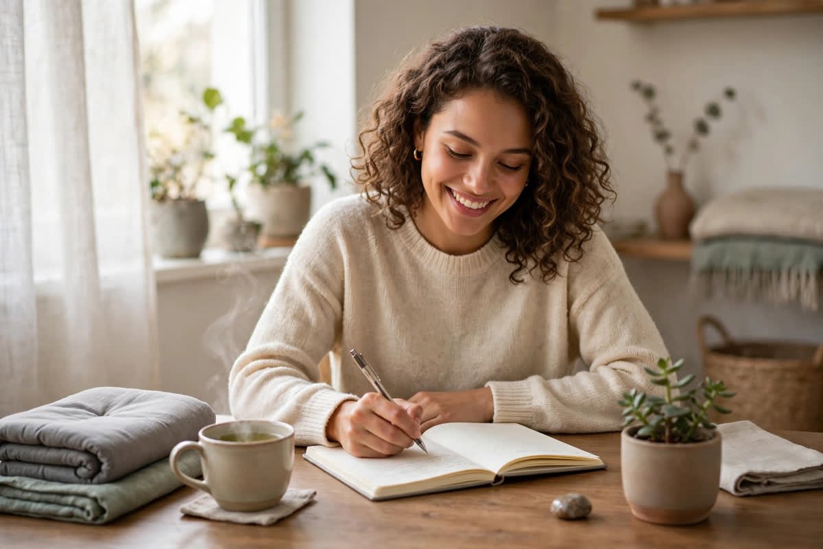 A smiling person writing in a notebook at a tidy desk after meditating