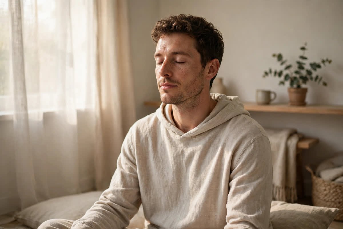 A relaxed person breathing deeply with eyes closed in a quiet room