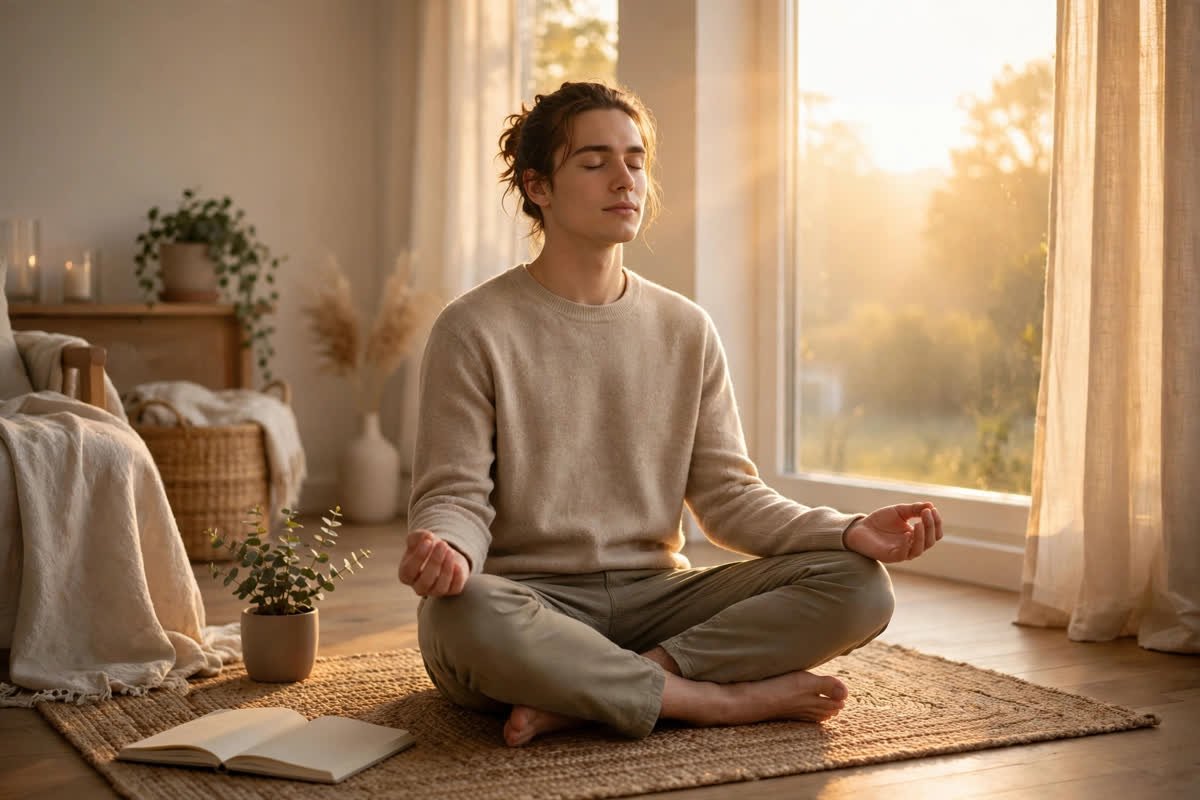 A calm person meditating cross-legged in a bright, peaceful room at sunrise