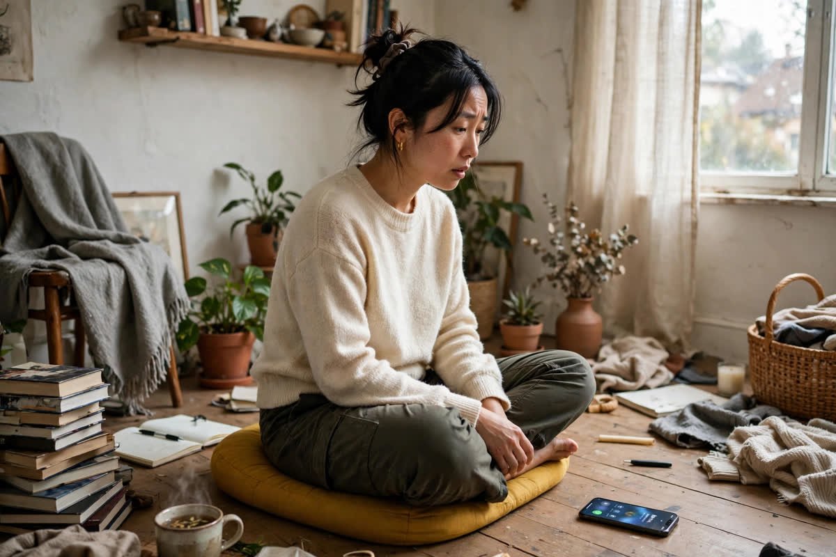 A person trying to meditate while looking distracted at a phone nearby